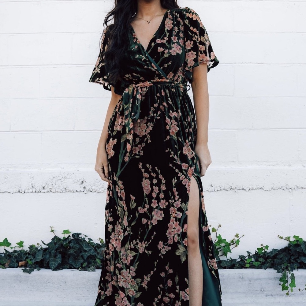 VELVET FLORAL MAXI DRESS with front slit & cinched belt - perfect for weddings